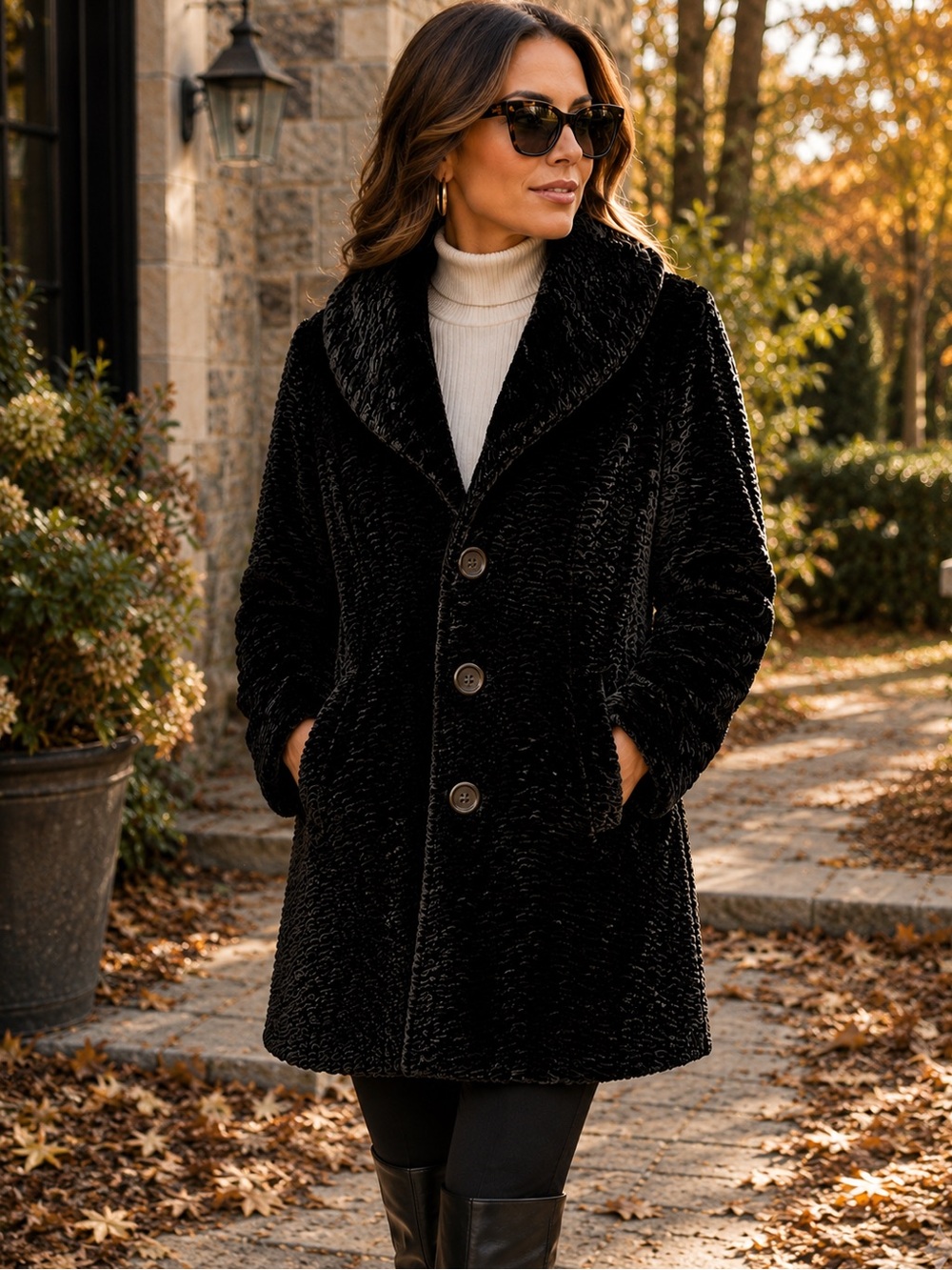 Gorgeous “Precis Petite”Black Faux Fur Coat with Shawl Collar - Women Size 6